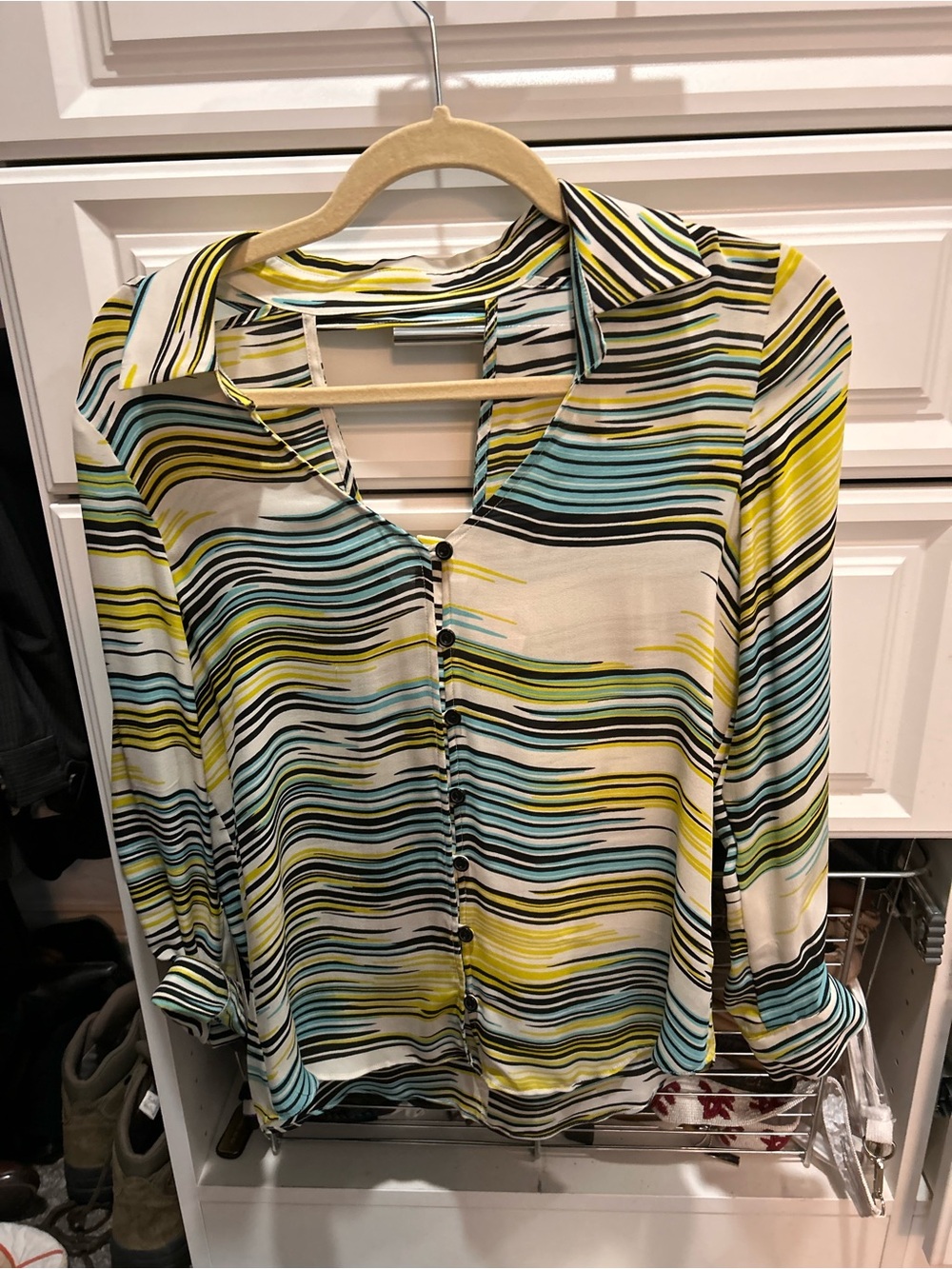 Parker - Women's Striped Button-Front Blouse - Yellow, Blue & Black